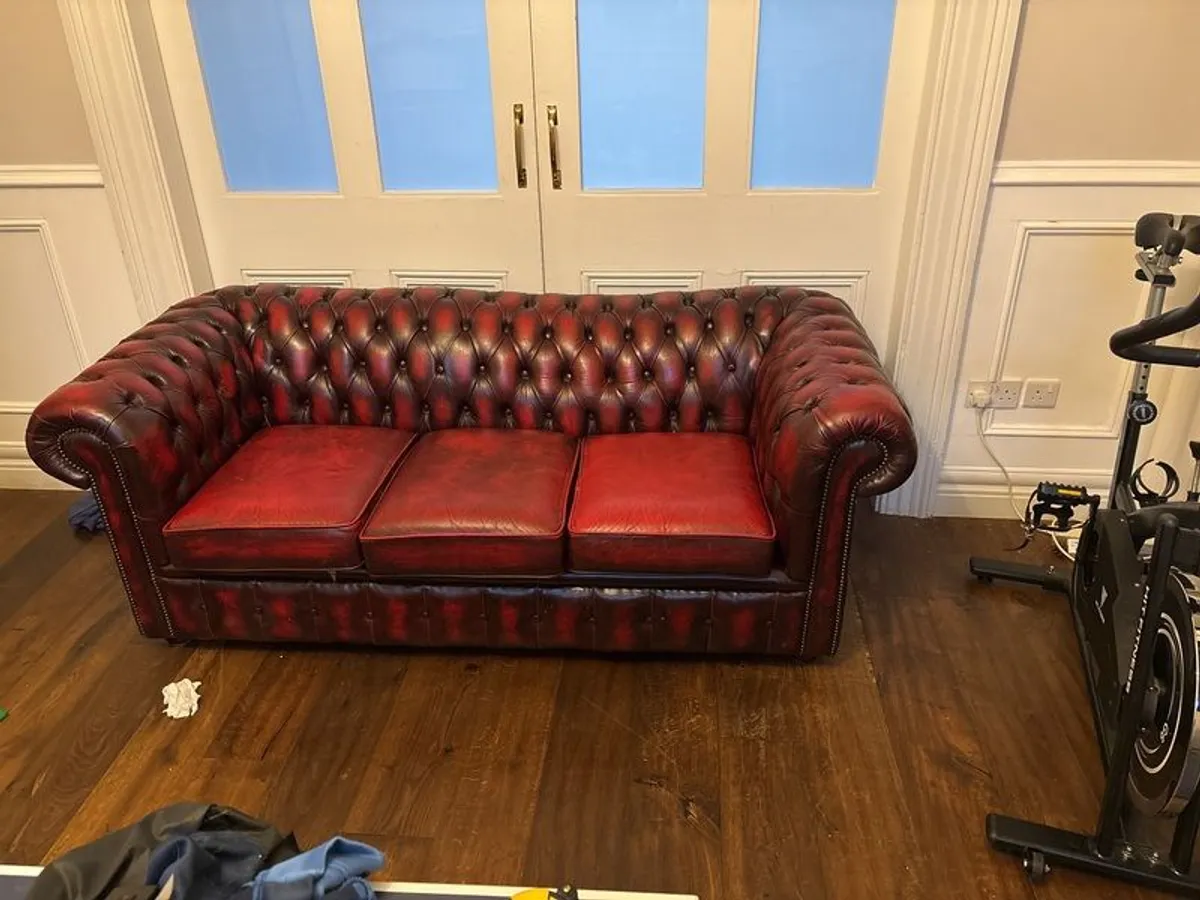 Red leather chesterfield sofa and club chair - Image 2