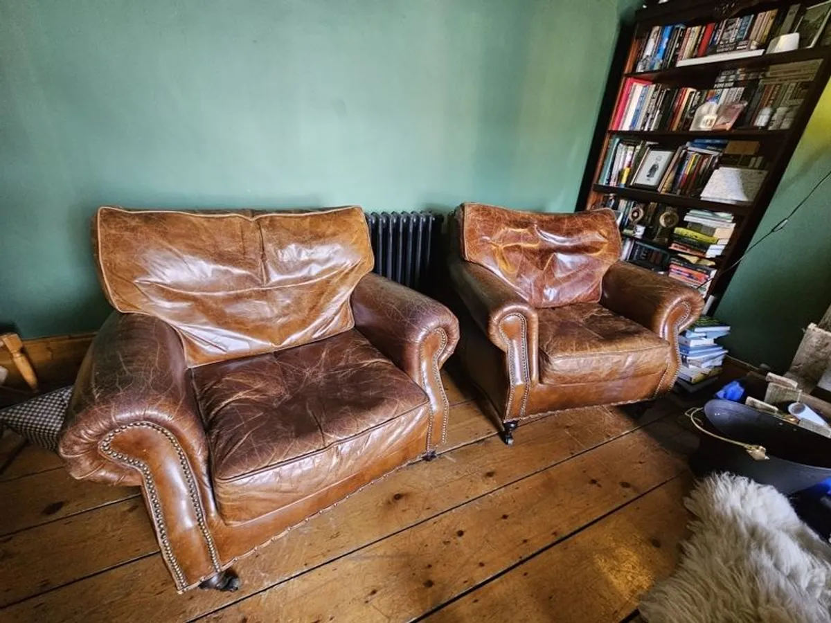 Tan Chesterfield Couch and Armchairs - Image 1