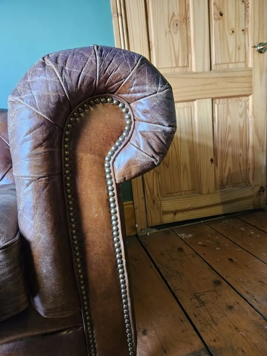 Tan Chesterfield Couch and Armchairs - Image 2