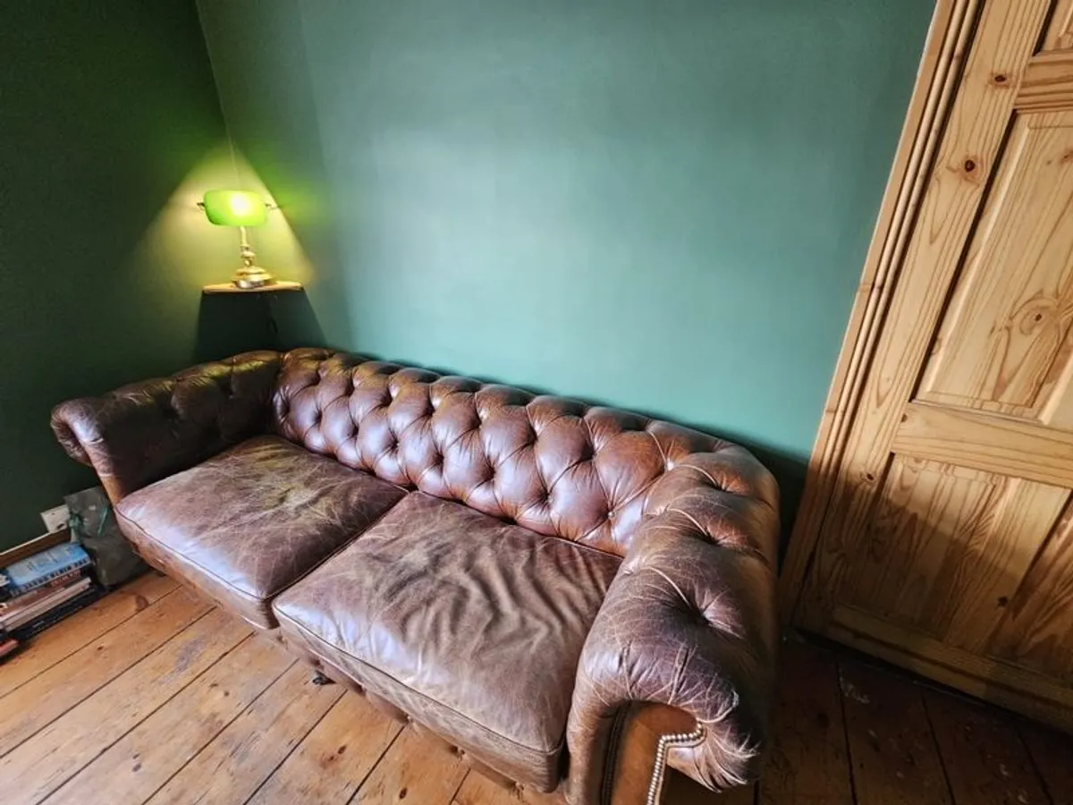 Tan Chesterfield Couch and Armchairs - Image 3