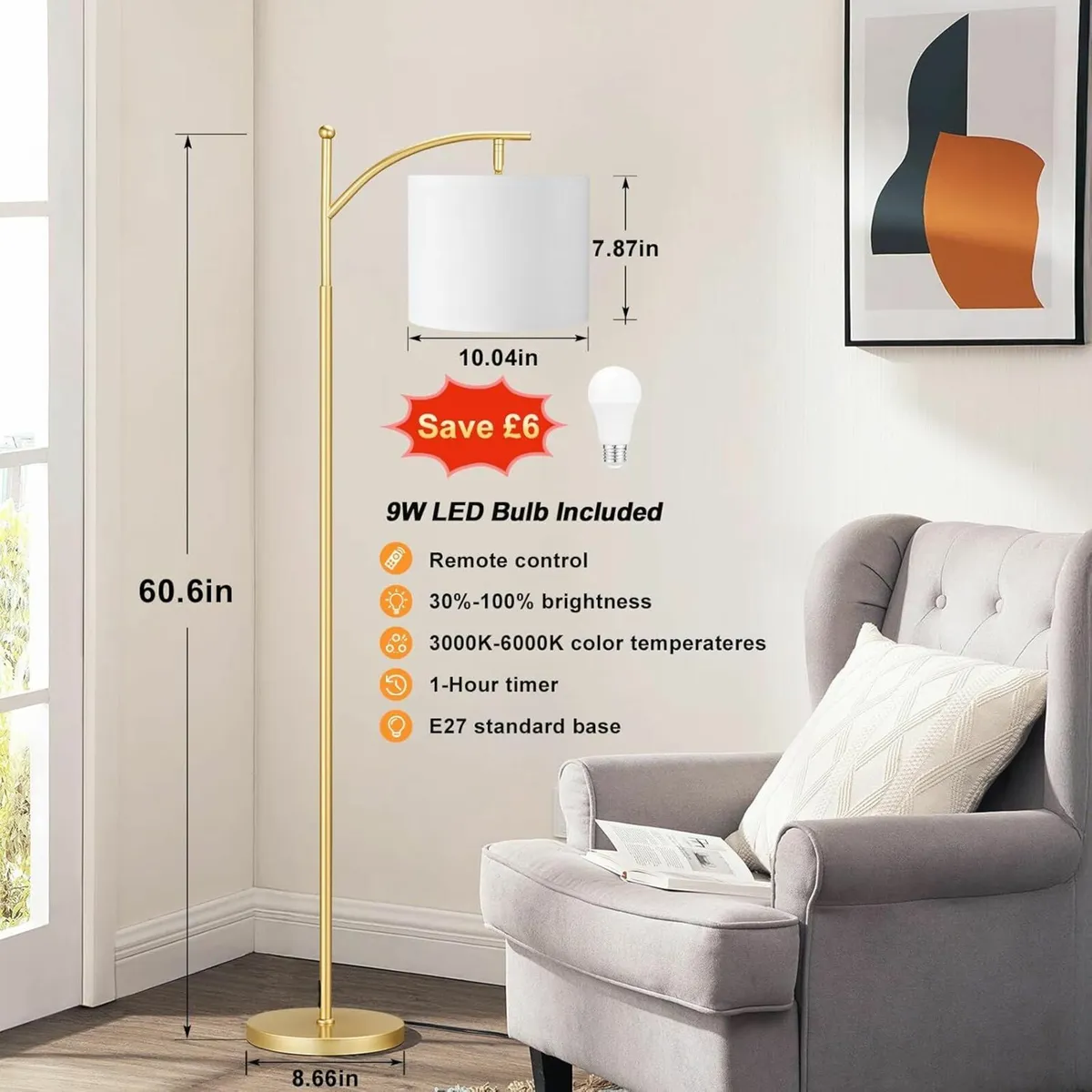 Gold Floor Lamp,  Modern Arc Lamps Remote Control - Image 3