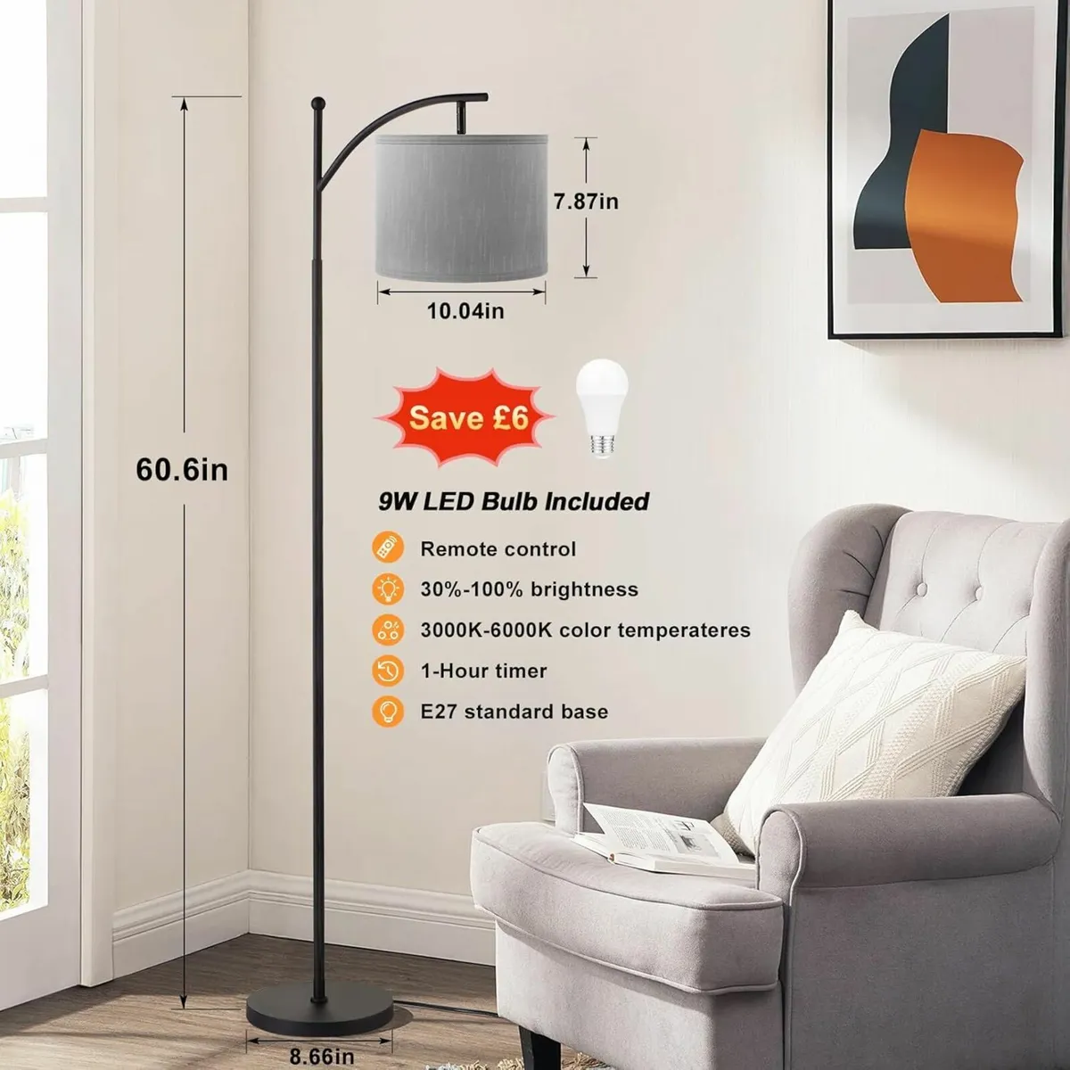 Floor Lamp, 60" Modern Arc Grey Remote Control - Image 4