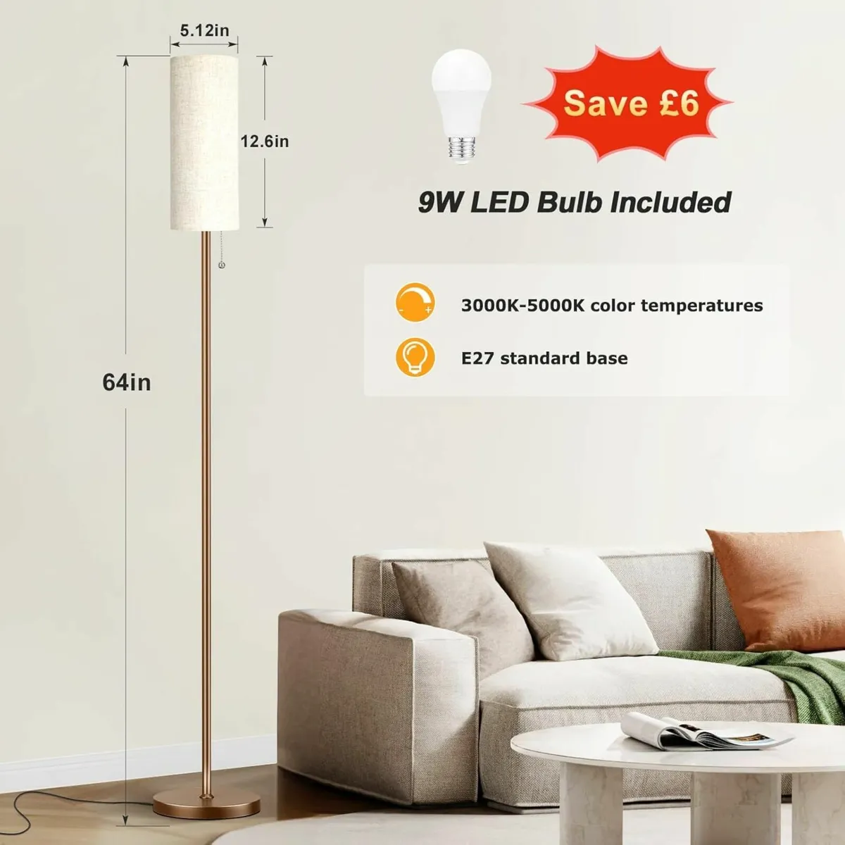 Beige Floor Lamp Living Room, Standing lamp - Image 3