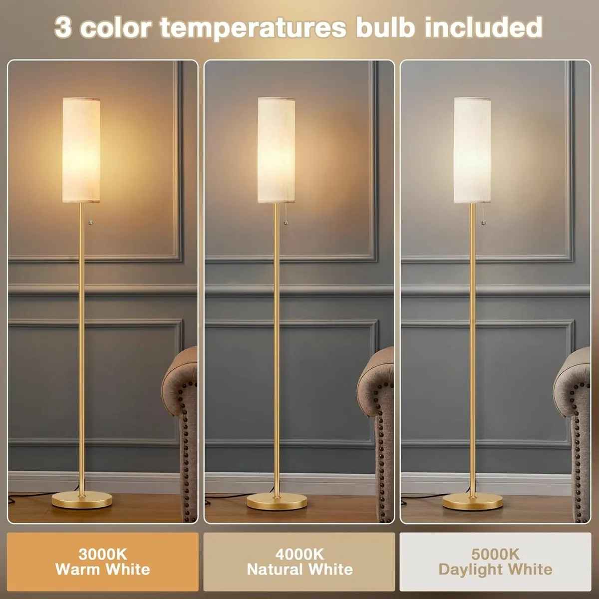 Gold Floor Lamp Living Room 3 Color Temperatures - Image 2