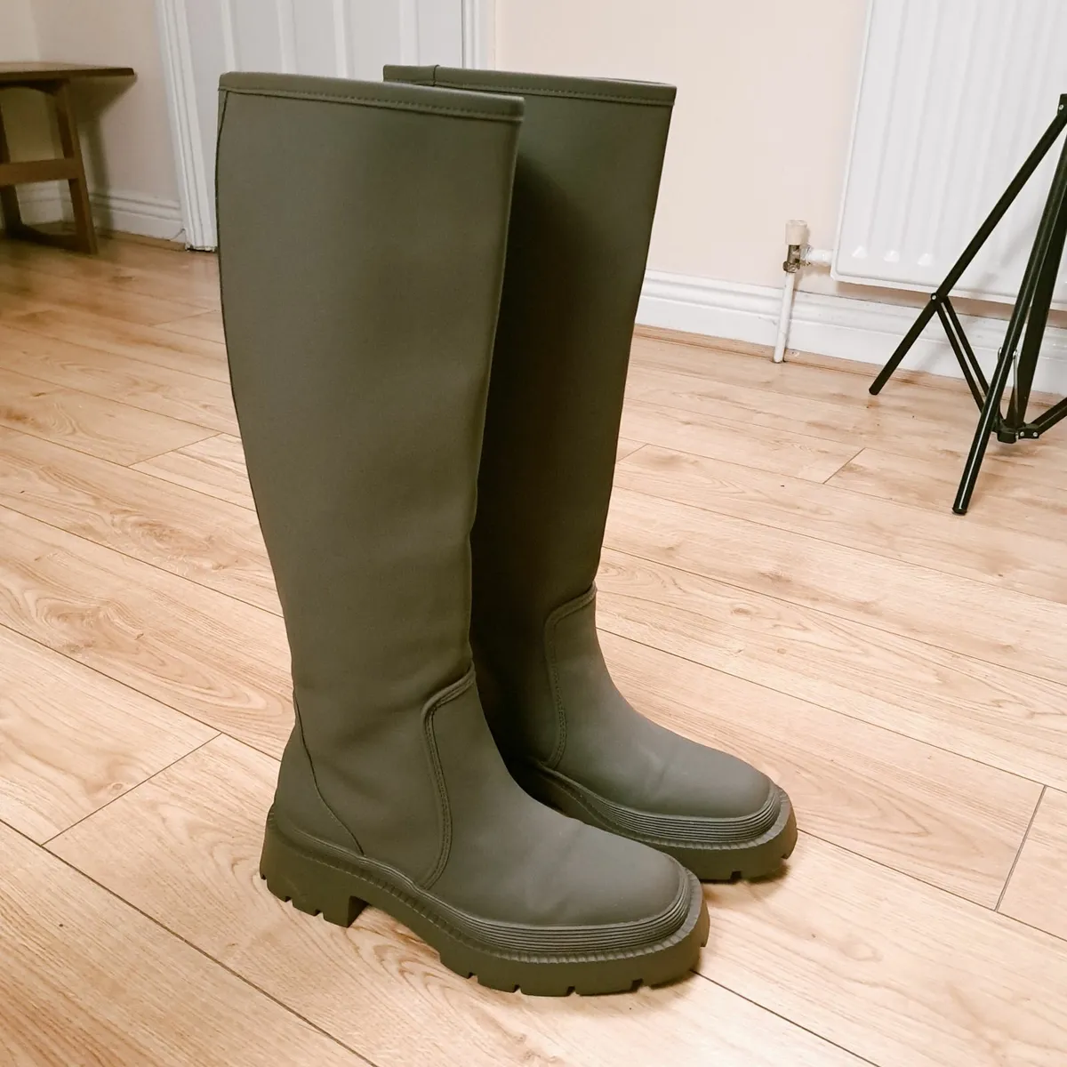 Zara Khaki Green Rubber Knee High Boots 6UK/39EU - Image 1