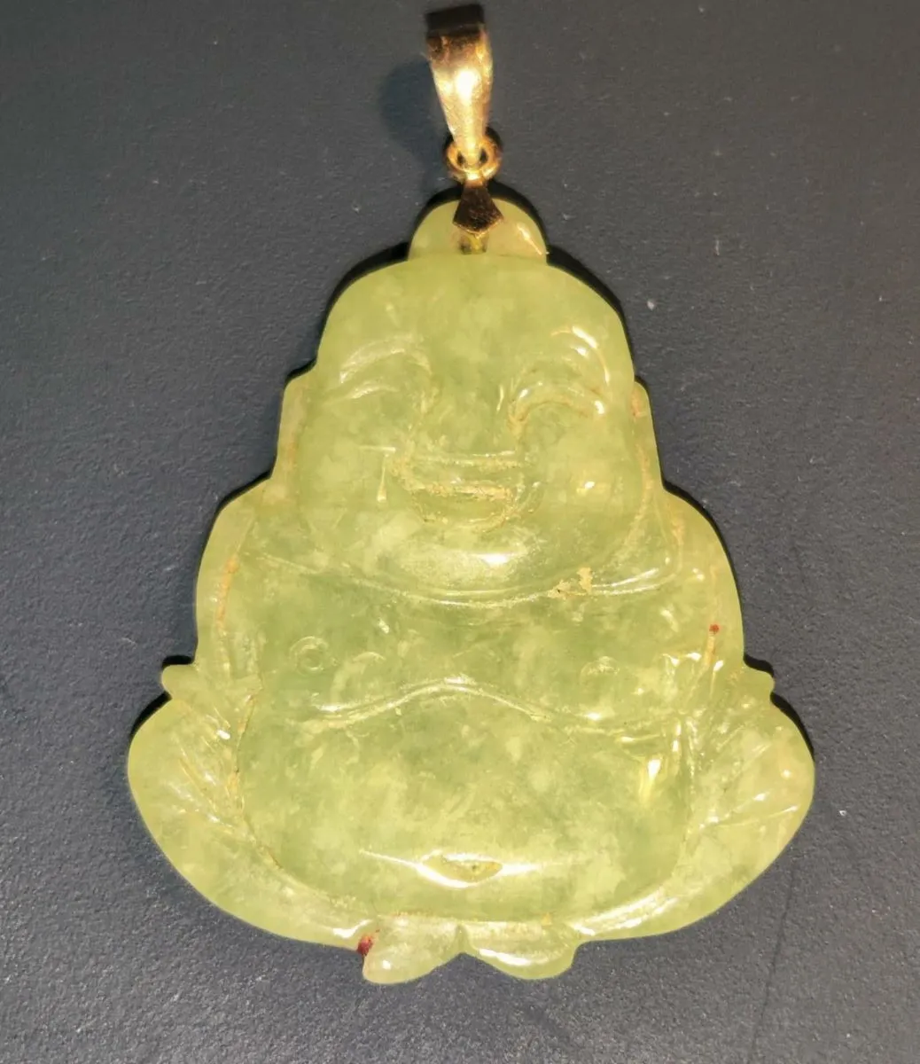 REAL GREEN JADE BUDDHA, 14CT Gold New Pendant ! - Image 1