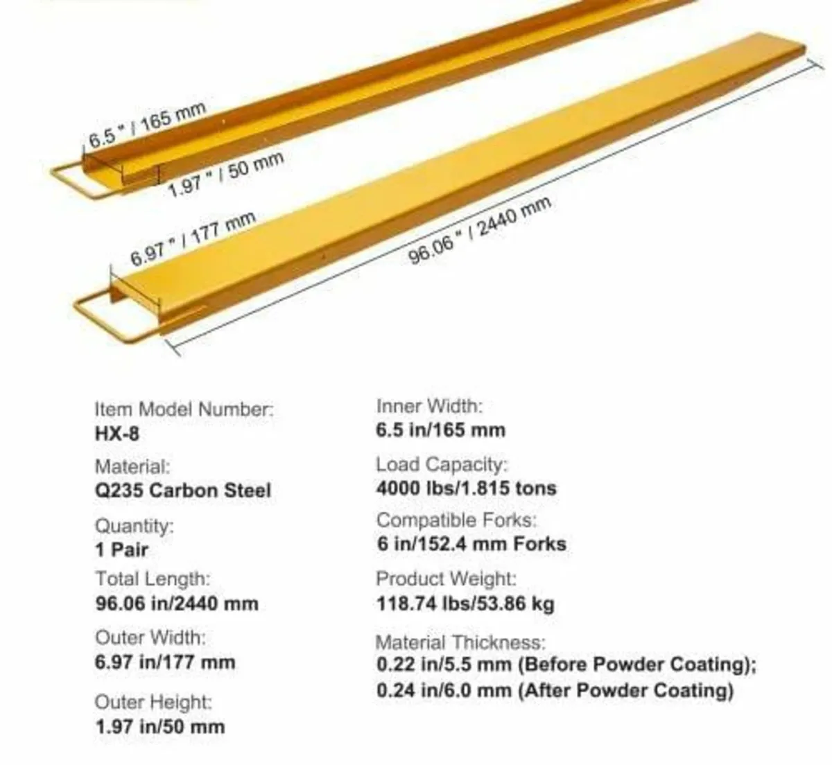 Pallet Fork Extensions, 96" Length 6.5" Width, Hea - Image 3