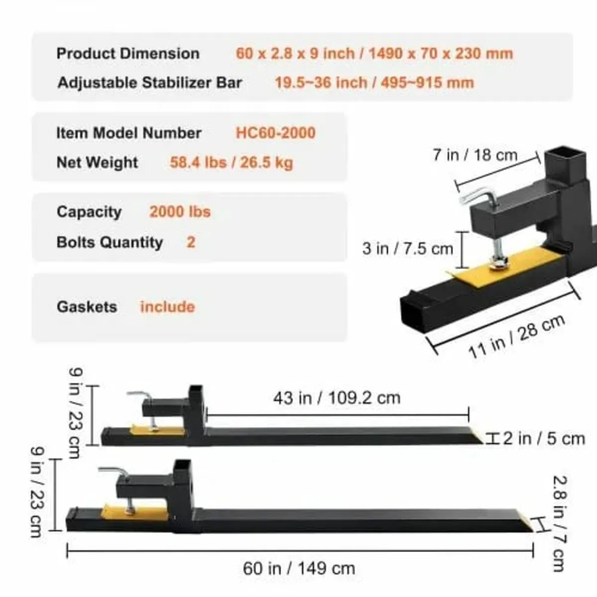 Clamp on Pallet Forks, 907.2 kg Capacity Pallet Fo - Image 3