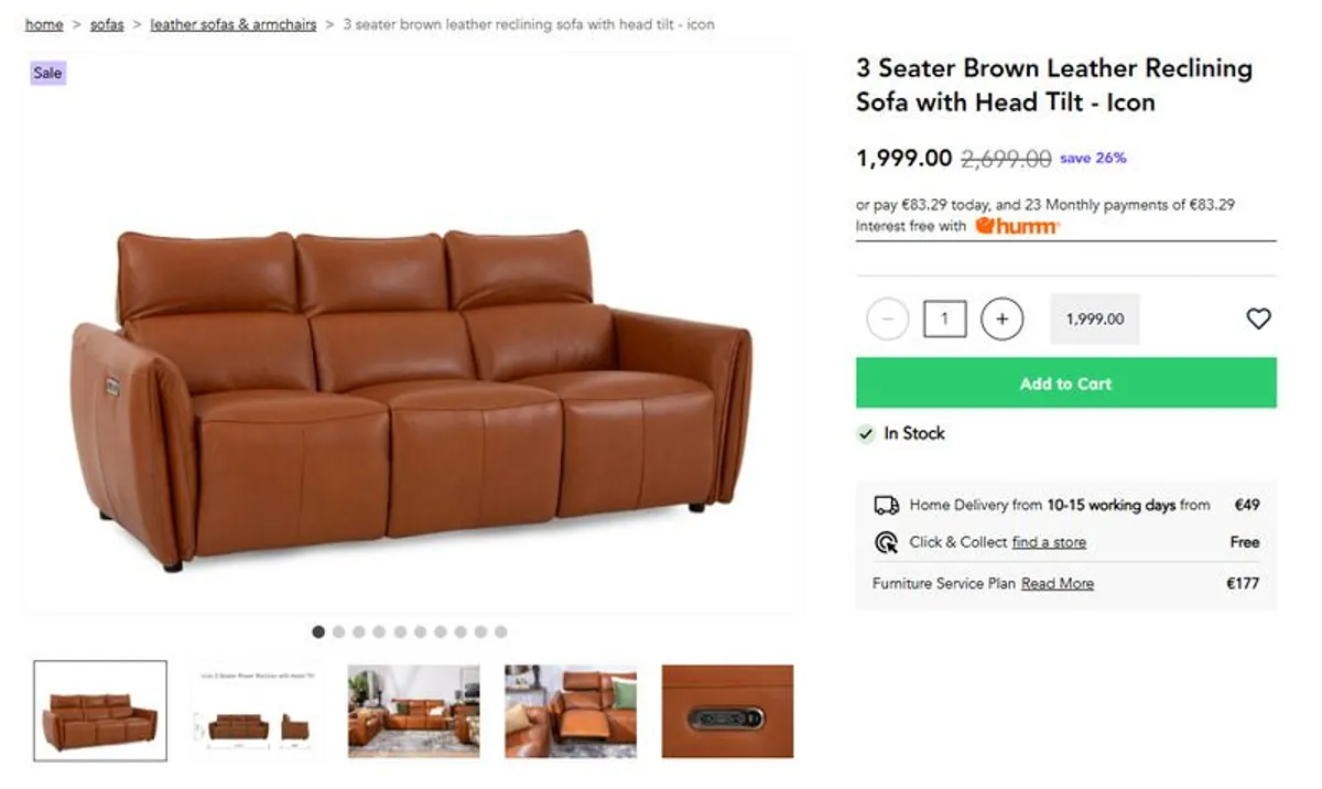 3 Seater Brown Leather Reclining Sofa with Head Tilt - Image 1