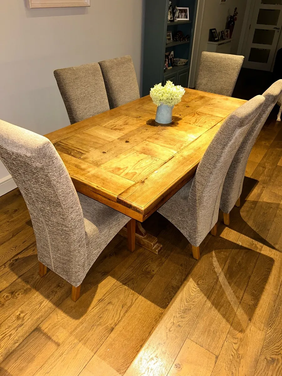 Solid Pine Table + 6 Taupe Chairs - Image 1