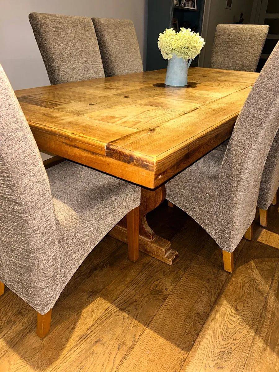 Solid Pine Table + 6 Taupe Chairs - Image 2