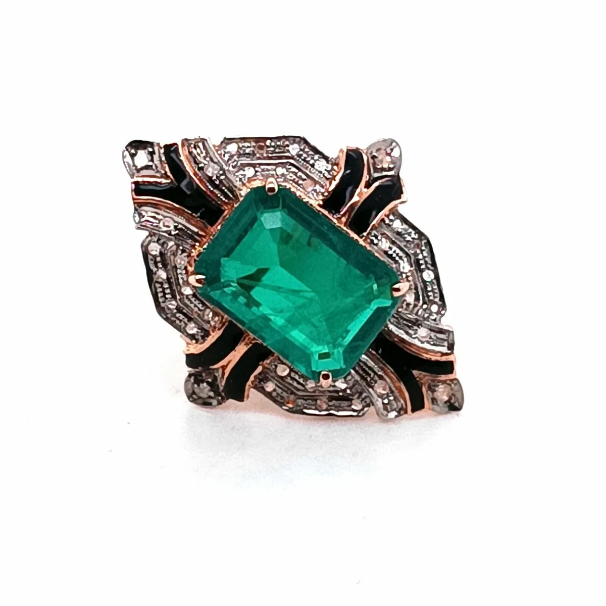 Art Deco Ring 9k Gold Diamond Enamel Green Stone - Image 1