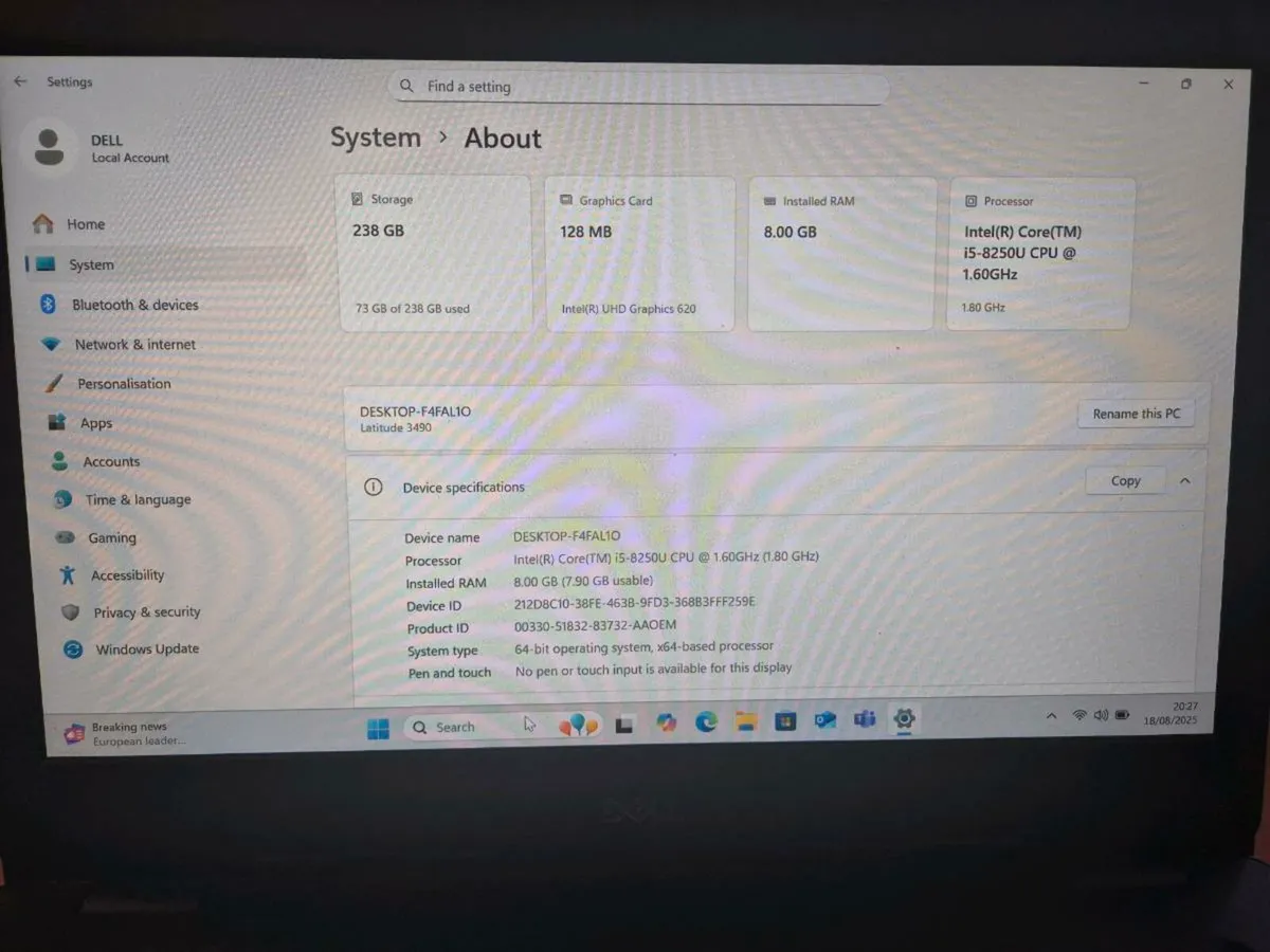 Dell laptop - i5 8th Gen, 8GB Ram, 256GB SSD - Image 2