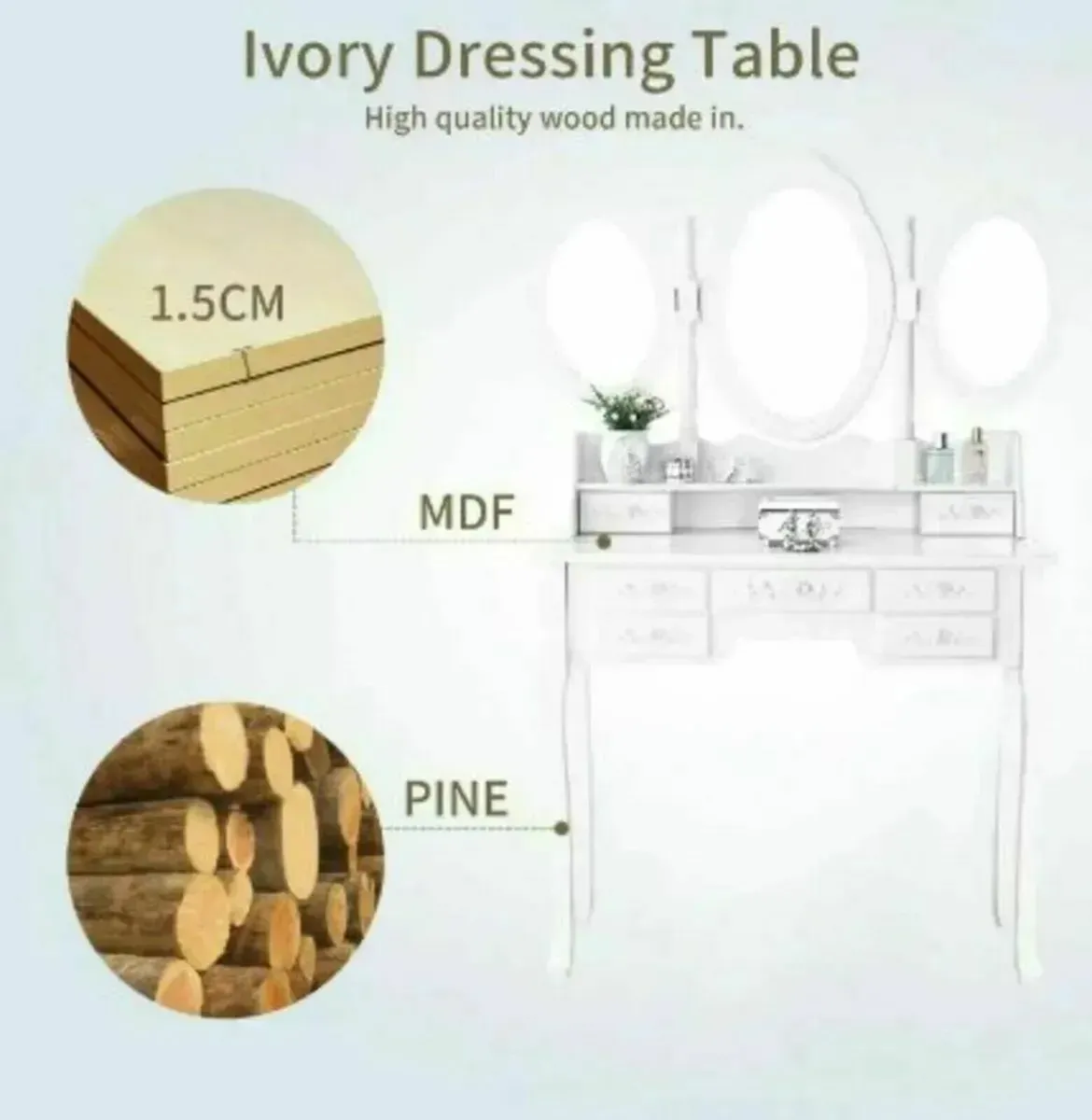 Princess Vanity Table with 3 Oval Mirrors & 7 Draw - Image 2