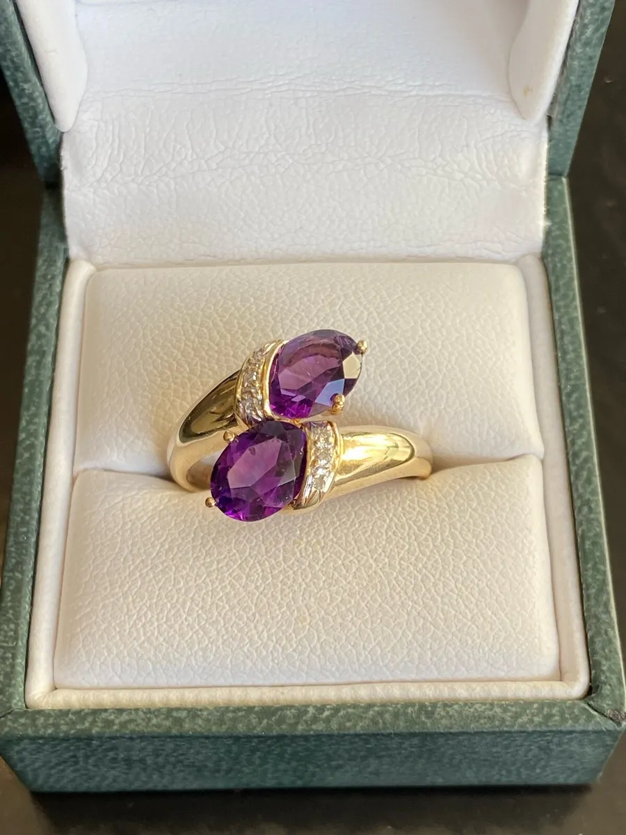 Vintage 14ct Gold Amethyst and Diamond Ring - Image 3