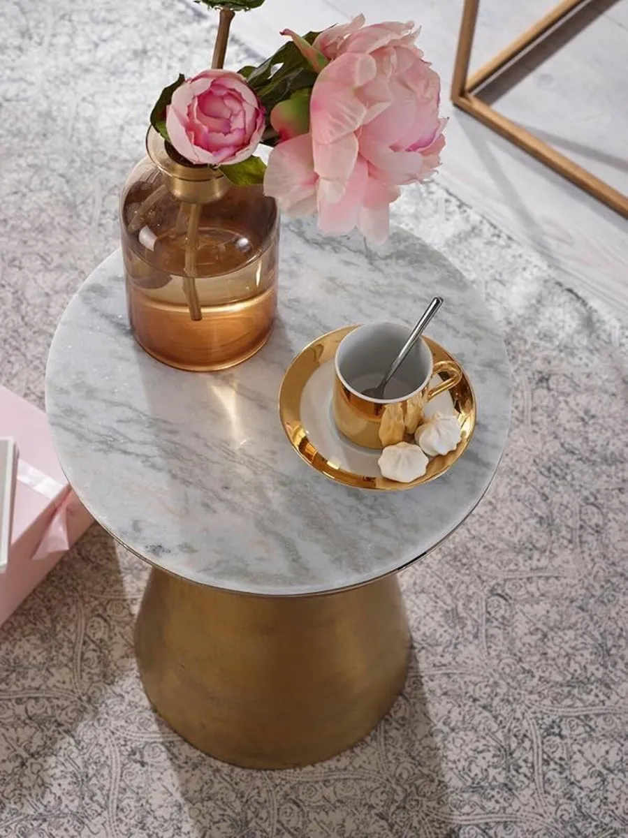 Real Marble & Gold Side Table 35cm Round Luxury Ac - Image 3