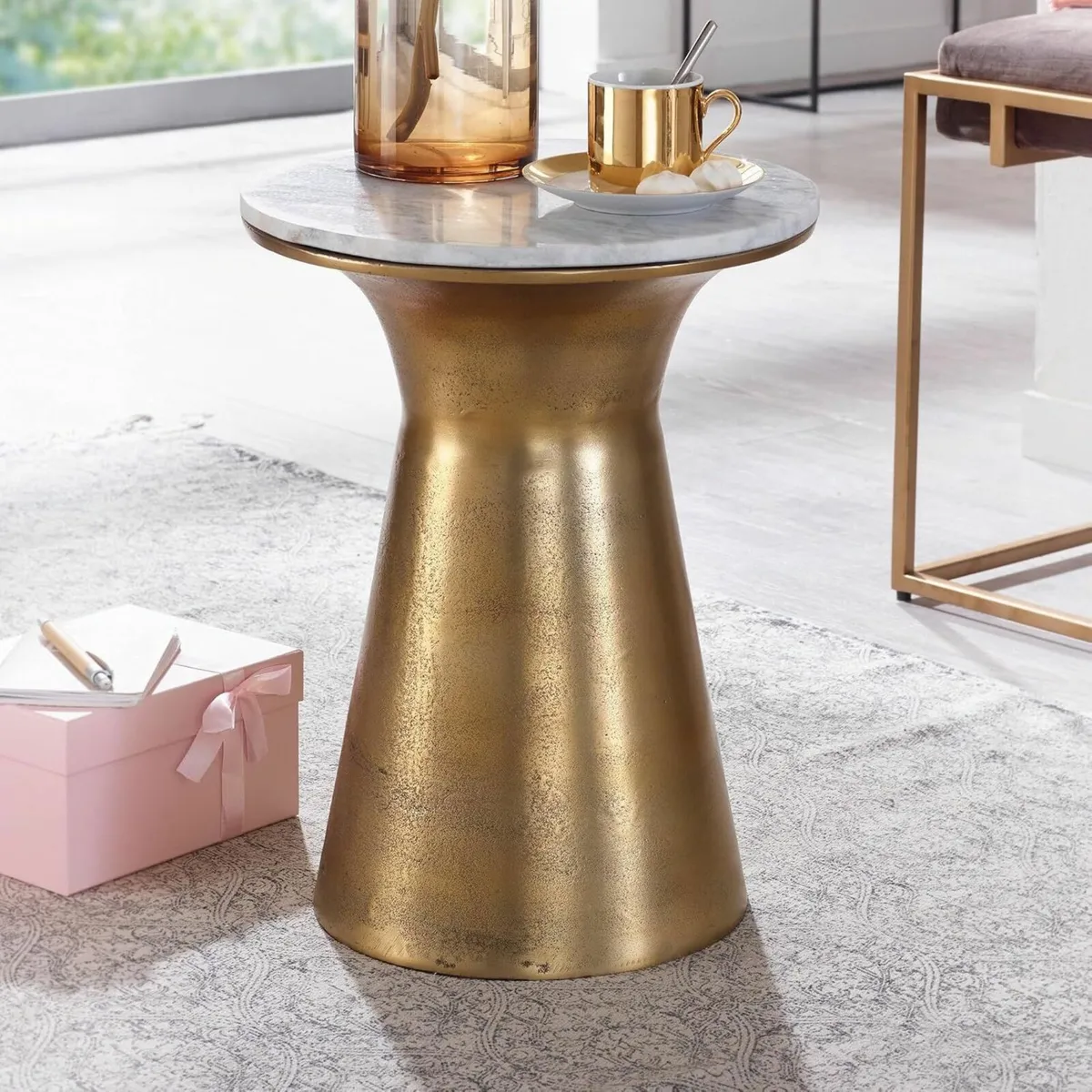 Real Marble & Gold Side Table 35cm Round Luxury Ac - Image 1