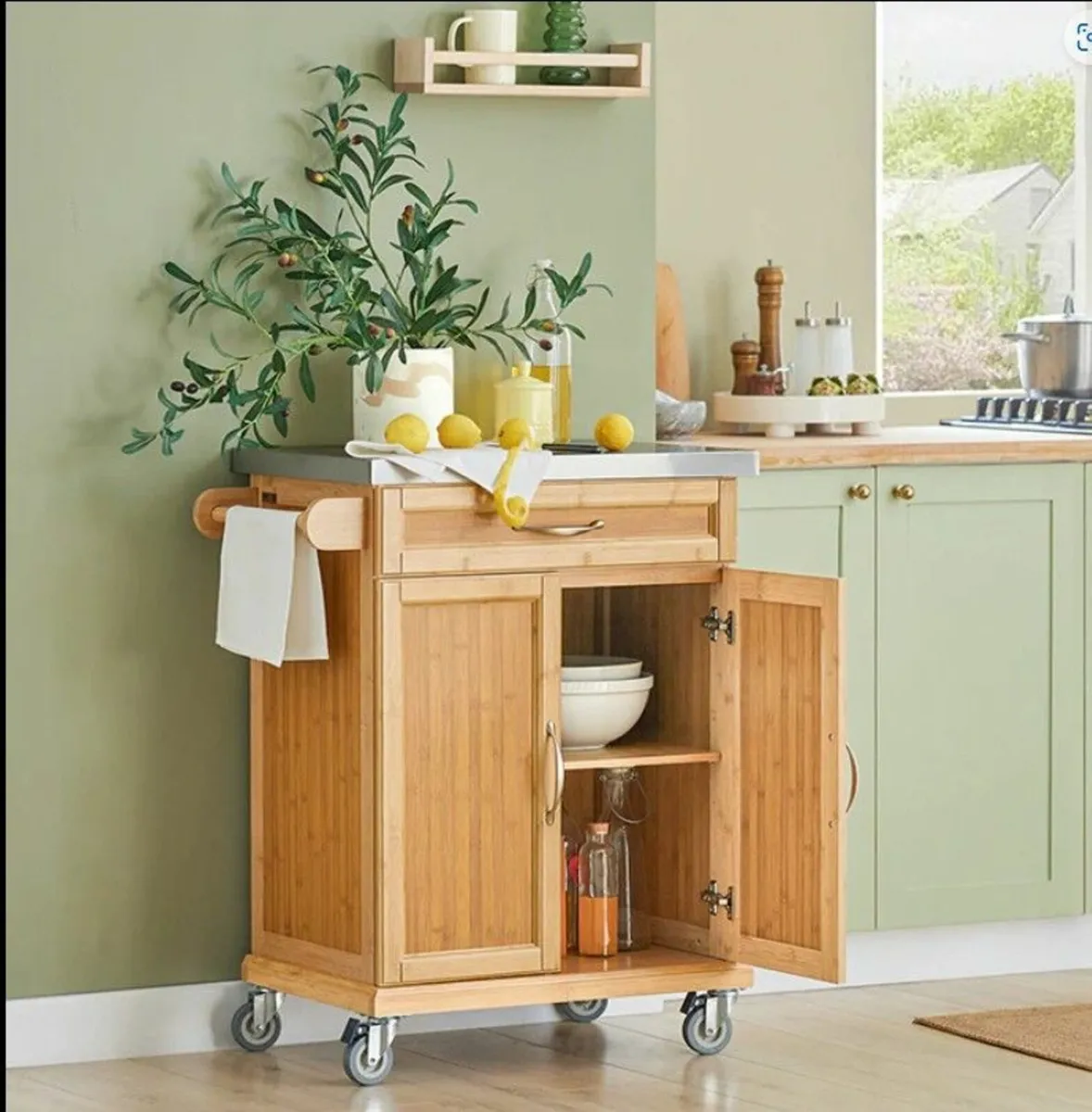 Bamboo Kitchen Trolley with Stainless Steel Top – - Image 2