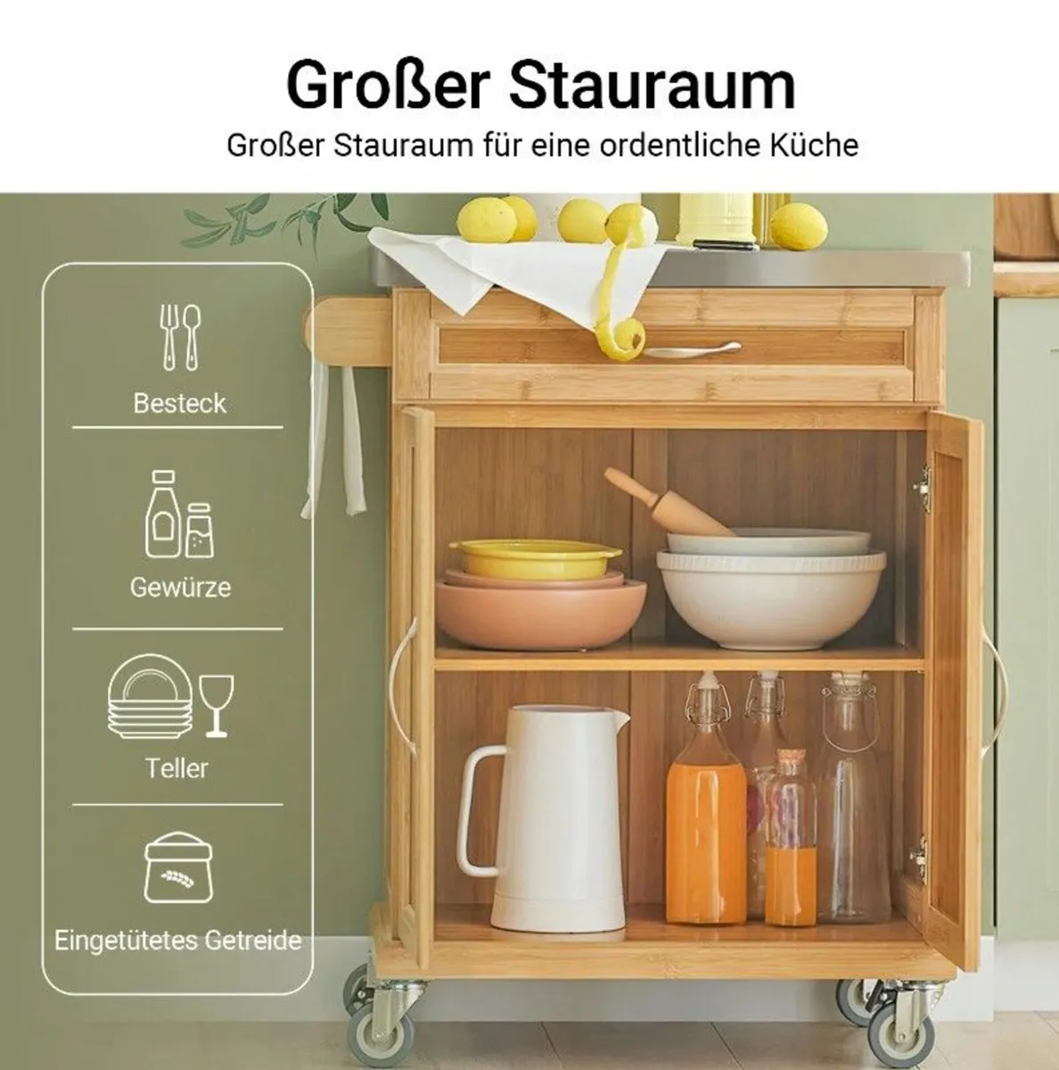 Bamboo Kitchen Trolley with Stainless Steel Top – - Image 3