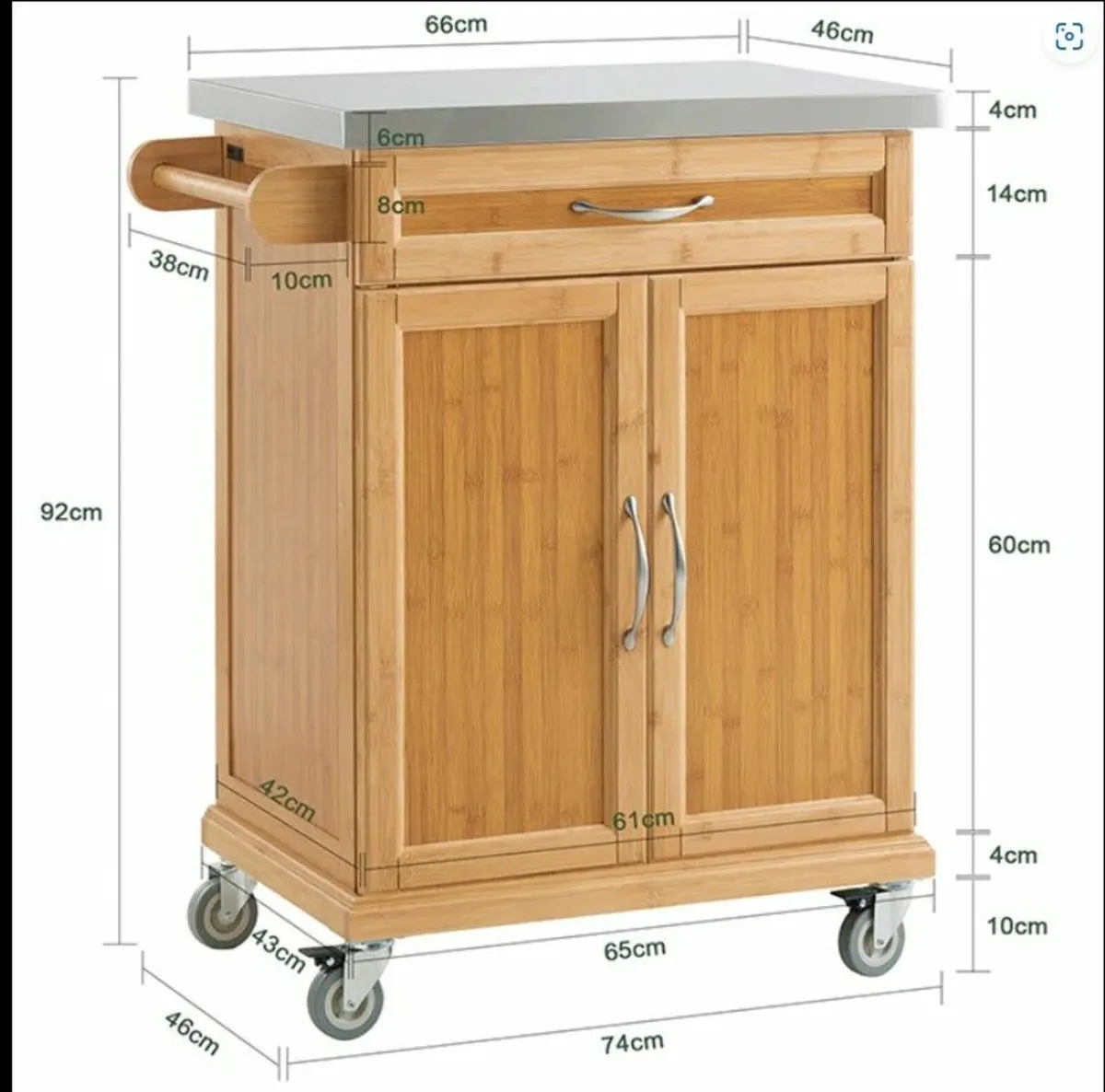 Bamboo Kitchen Trolley with Stainless Steel Top – - Image 4