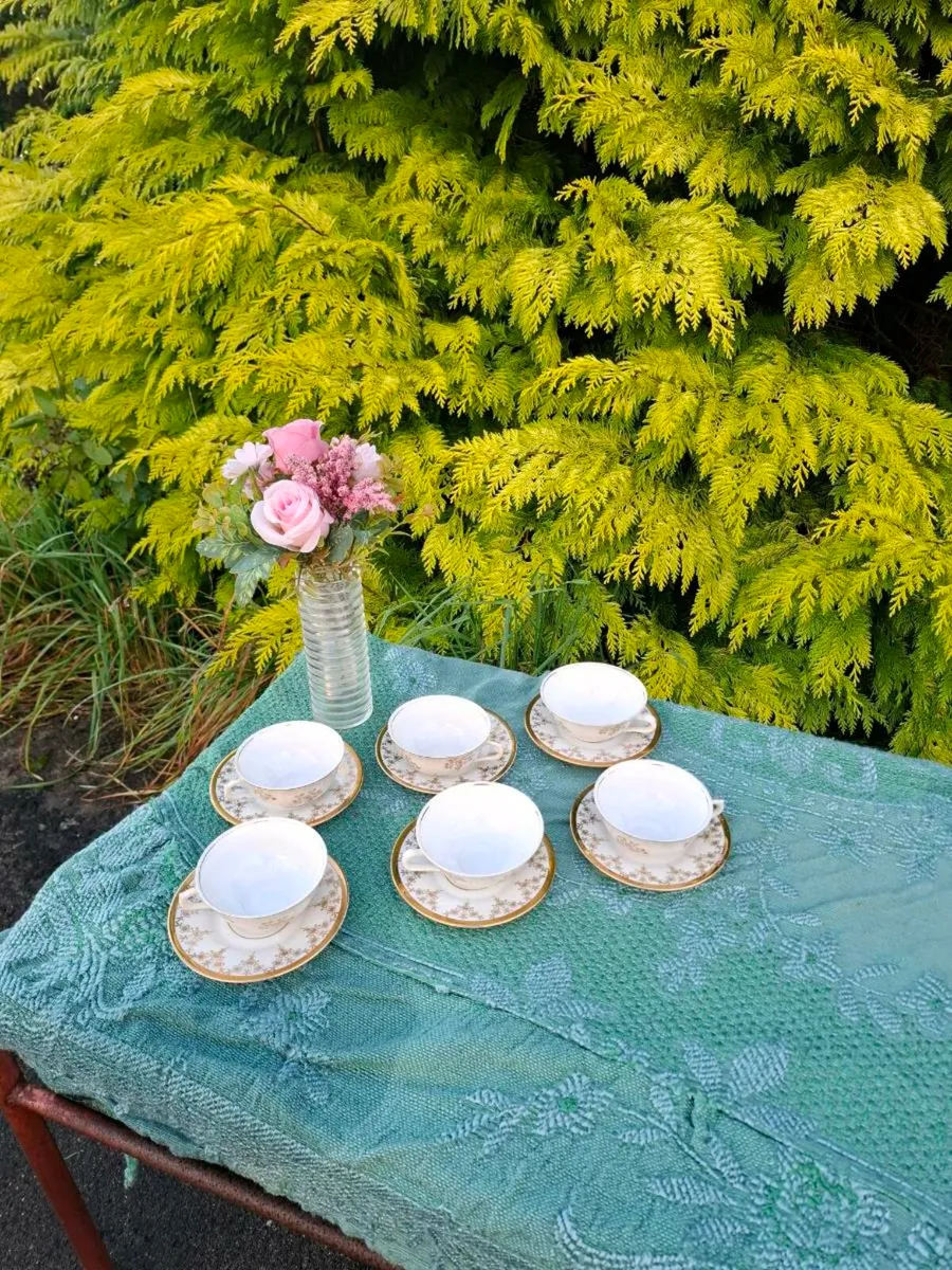 6 gold and white china tea cups and saucers - Image 1
