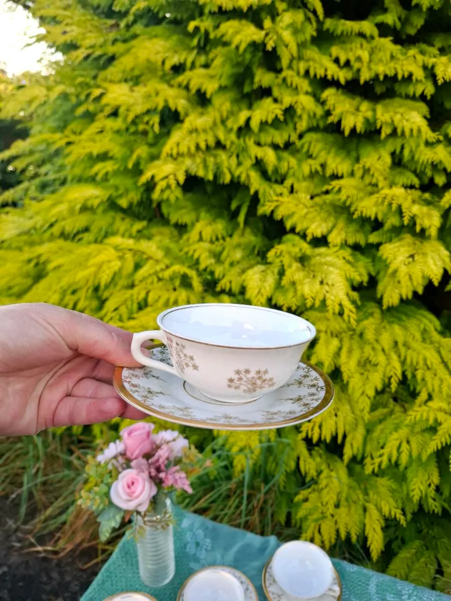 6 gold and white china tea cups and saucers - Image 2