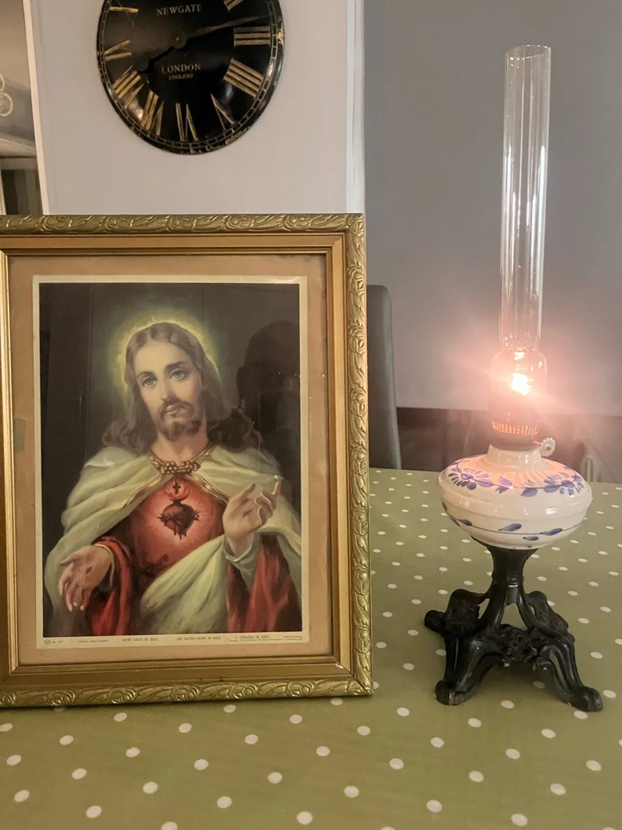 Vintage Religious Picture & Oil Lamp - Image 1