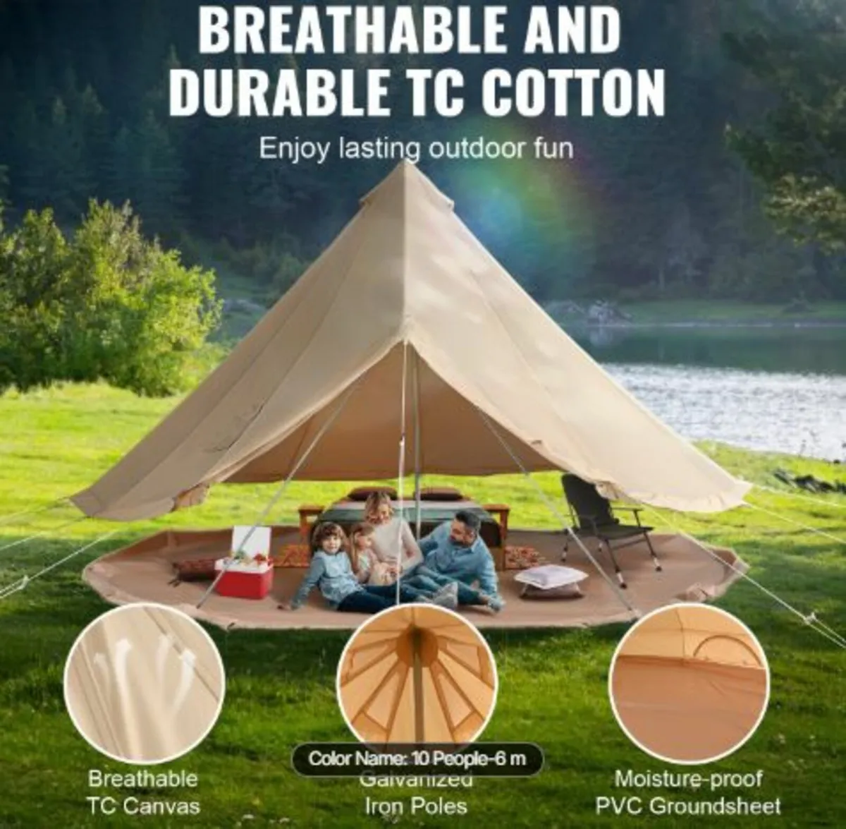 6m Canvas Tent for Camping with Stove Jack - Image 2