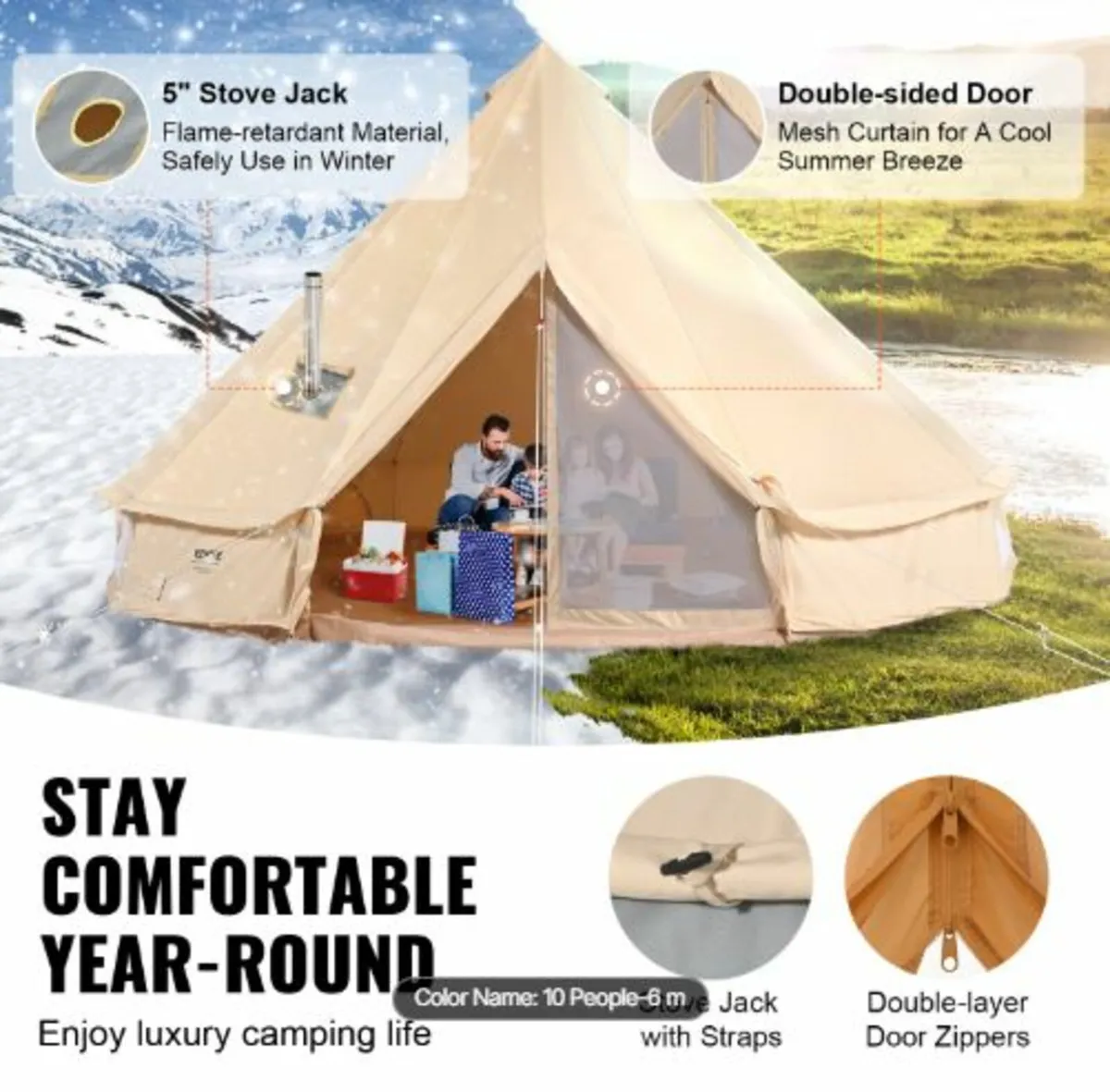 6m Canvas Tent for Camping with Stove Jack - Image 3