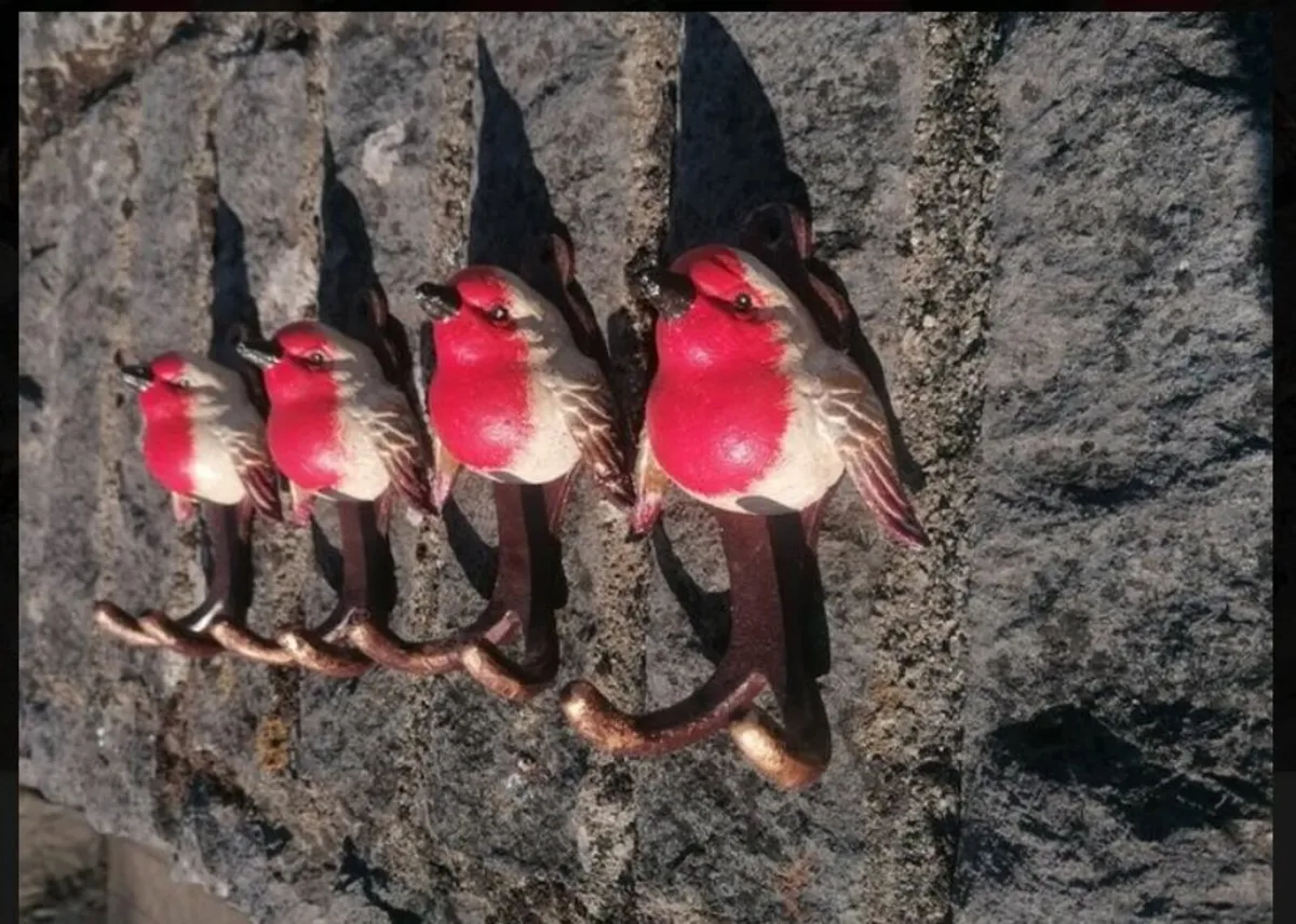 Set Of Four Robin Bird Hooks Cast Iron HandPainted - Image 1