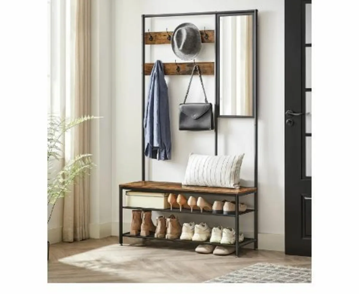 Coat Rack with Hooks Mirror Bench - Image 3