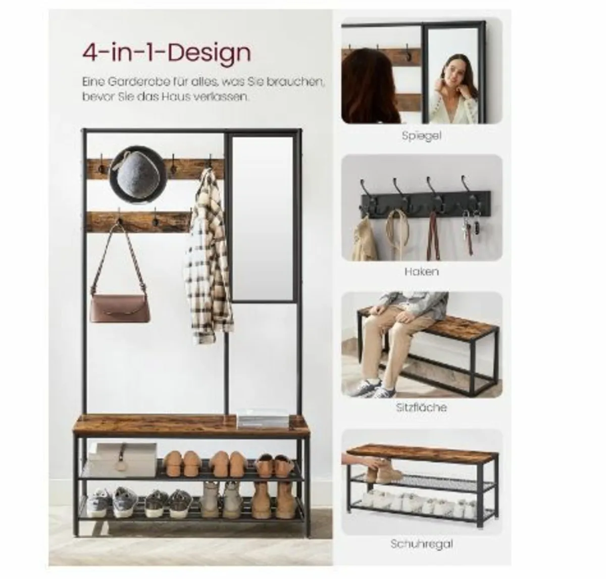 Coat Rack with Hooks Mirror Bench - Image 4