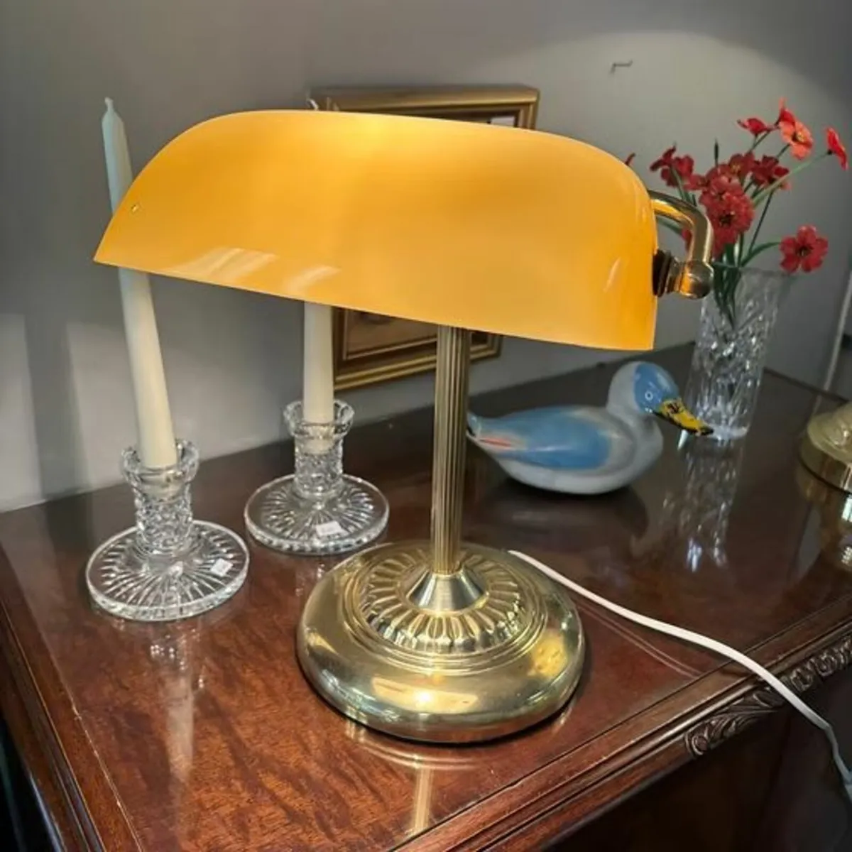 Yellow shaded glass top bankers desk lamp