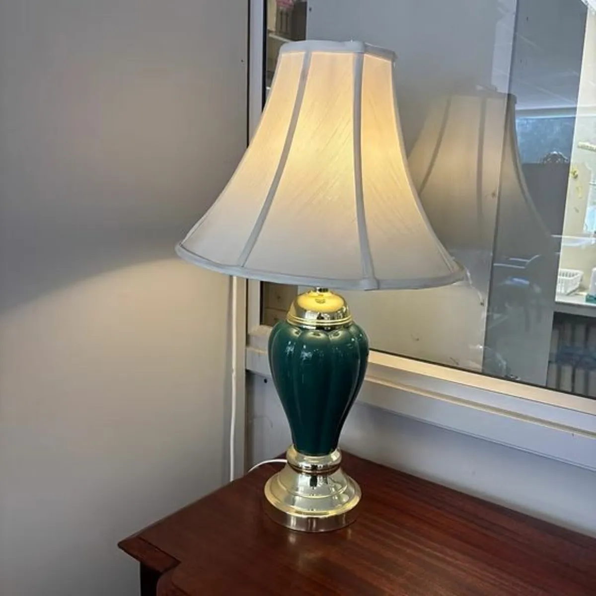 Brass & grass green fan shaded table lamp