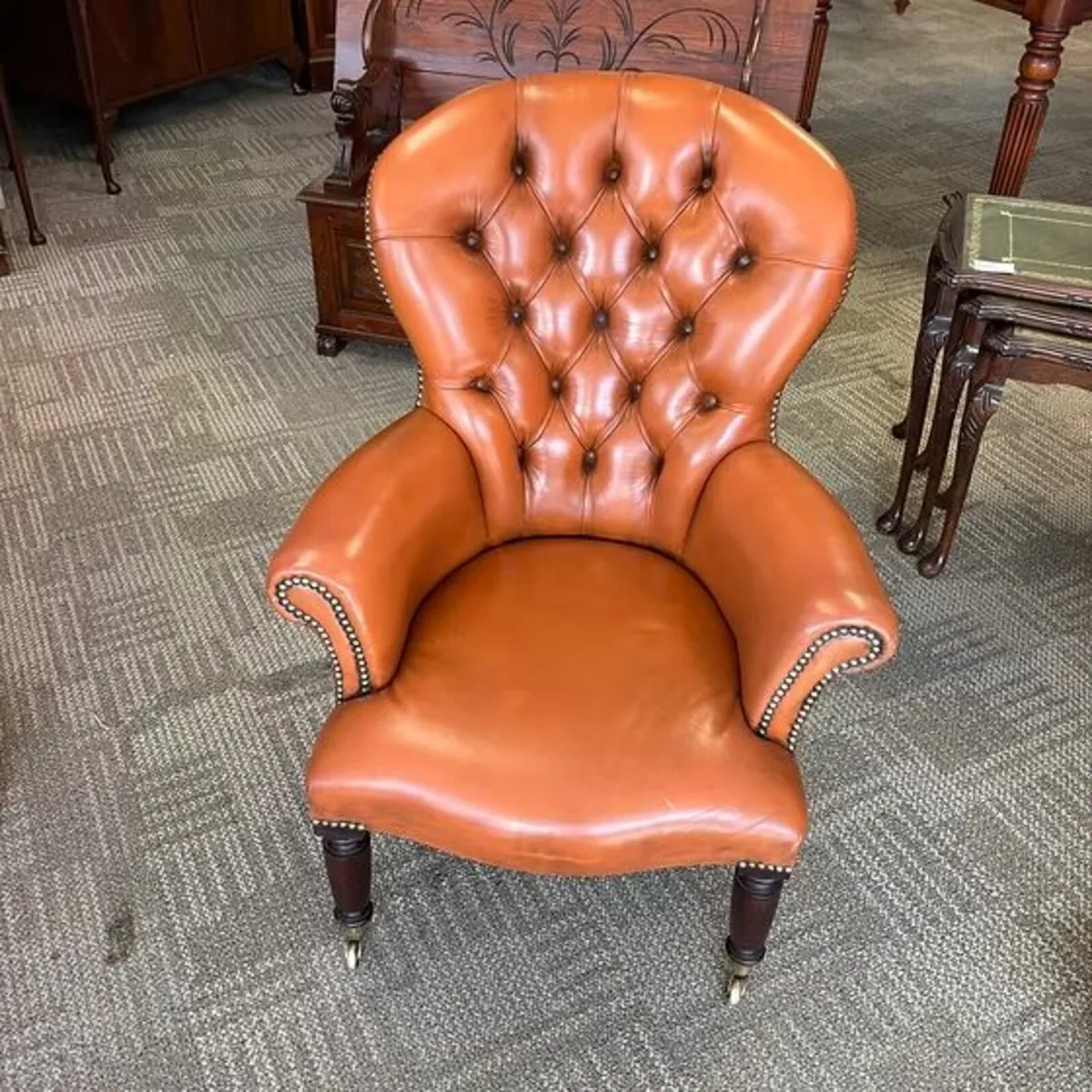 Victorian style tan leather Chesterfield armchair