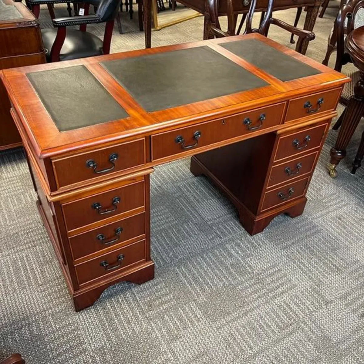 Mahogany olive green leather top twin pedestal wri