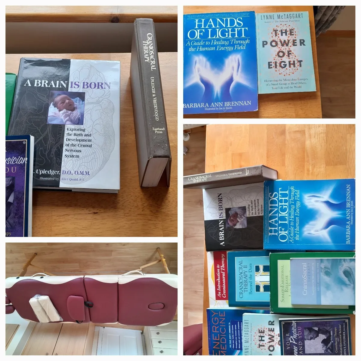Energy medicine books and a massage table with no