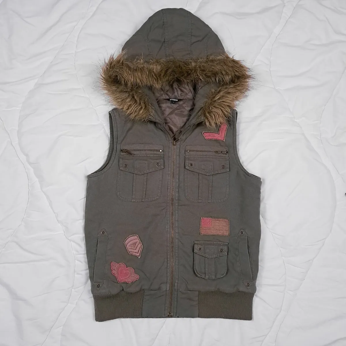 Nikita Khaki Grey Faux Fur Hood Gilet Size S - Image 1