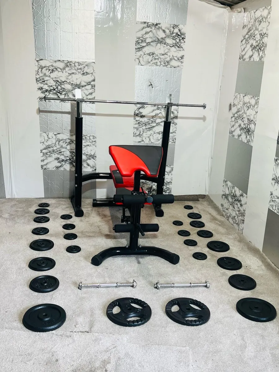 100 KG WEIGHTS LARGE BENCH WITH RACK BARBELL ++ - Image 1