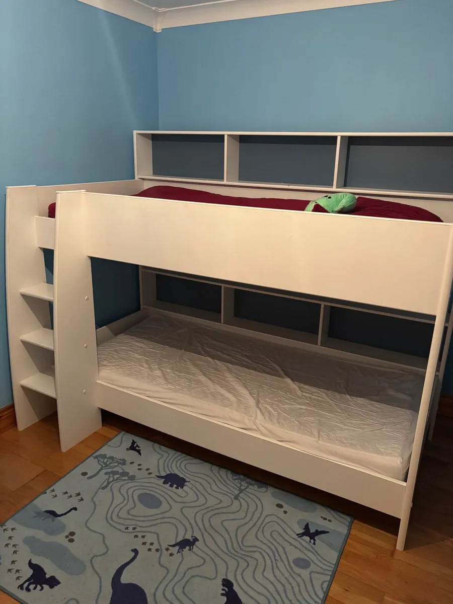 Bunk beds with shelves and two mattresses for sale - Image 1
