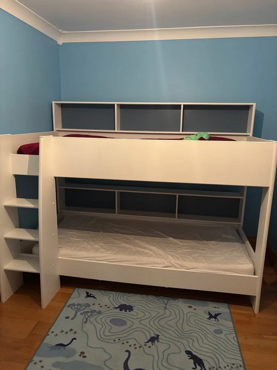 Bunk beds with shelves and two mattresses for sale - Image 2