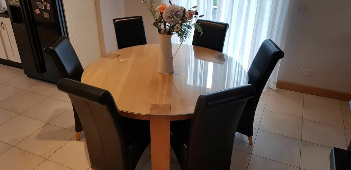 Round Oak Table with Glass Top - Image 1