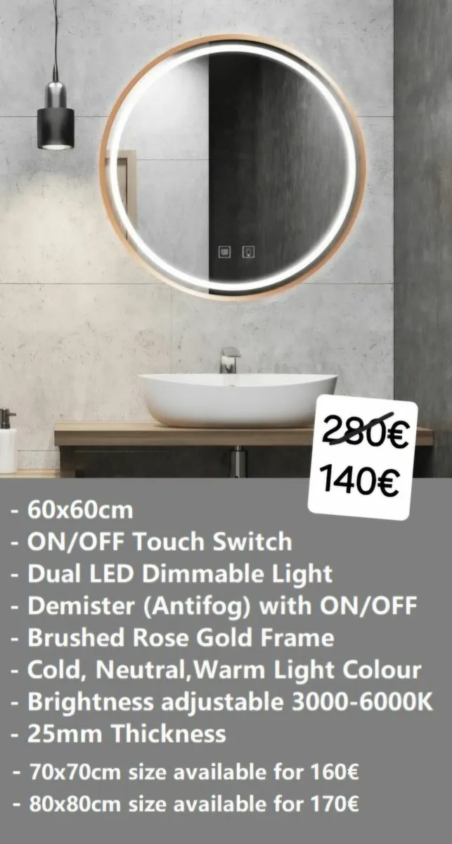 LED Bathroom Mirror 60cm Gold Frame - Image 1