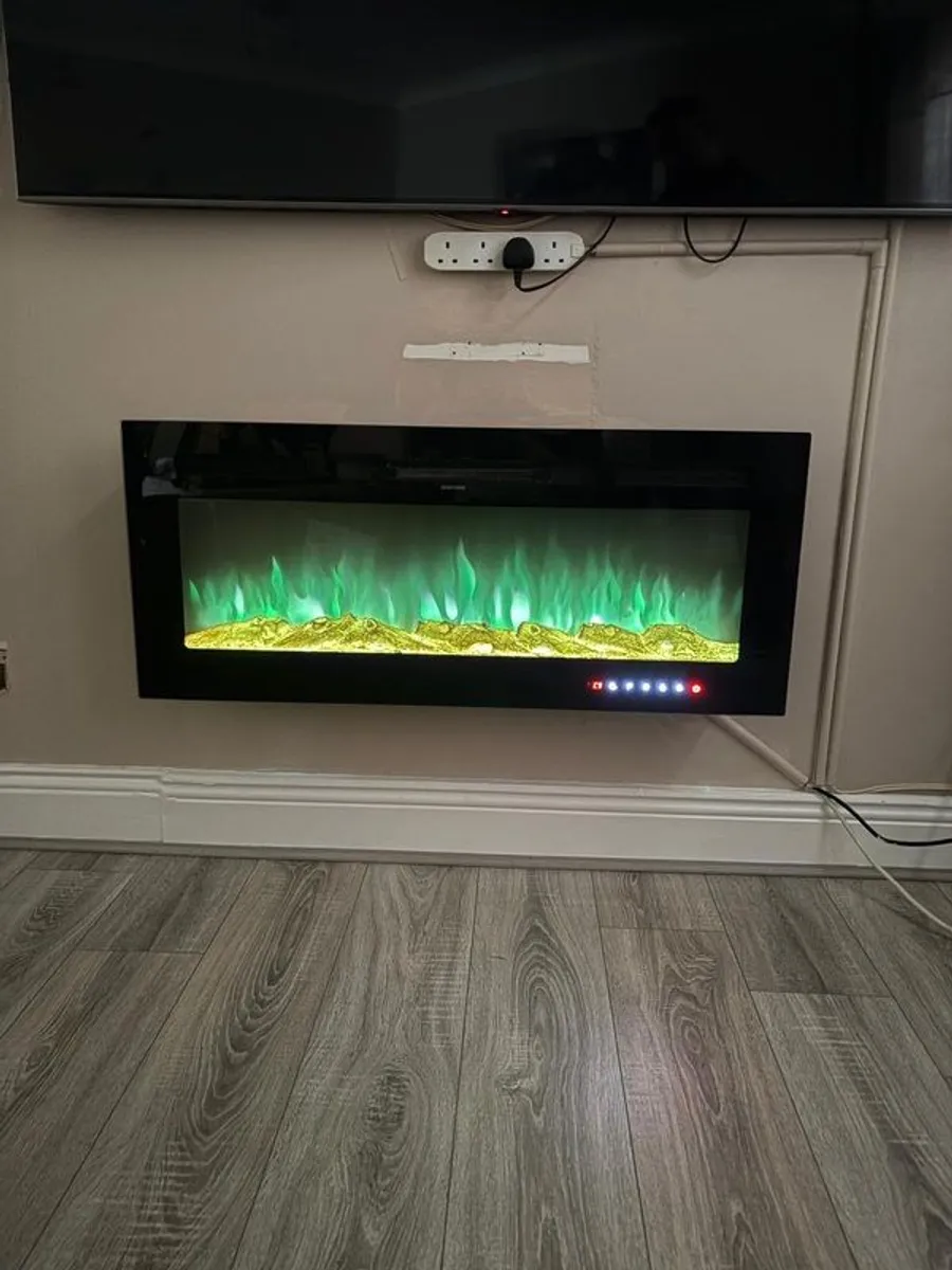 127cm Electric Fire Wall Mounted Recessed Electric Fireplace With 12 LED Flame Colors, Adjustable Thermostat, Crystal&Logs Set, 900W/1800W, Remote&Touch Screen Control (127cm/50in, Black) - Image 2