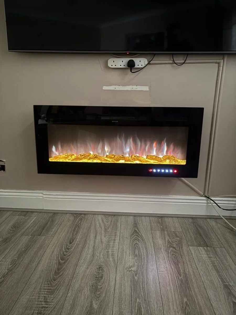 127cm Electric Fire Wall Mounted Recessed Electric Fireplace With 12 LED Flame Colors, Adjustable Thermostat, Crystal&Logs Set, 900W/1800W, Remote&Touch Screen Control (127cm/50in, Black) - Image 4