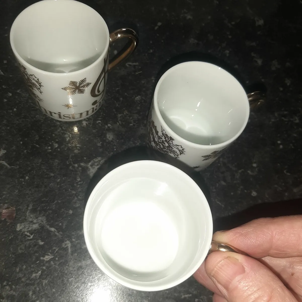 3 Gold rimmed espresso cups and saucers Christmas - Image 1