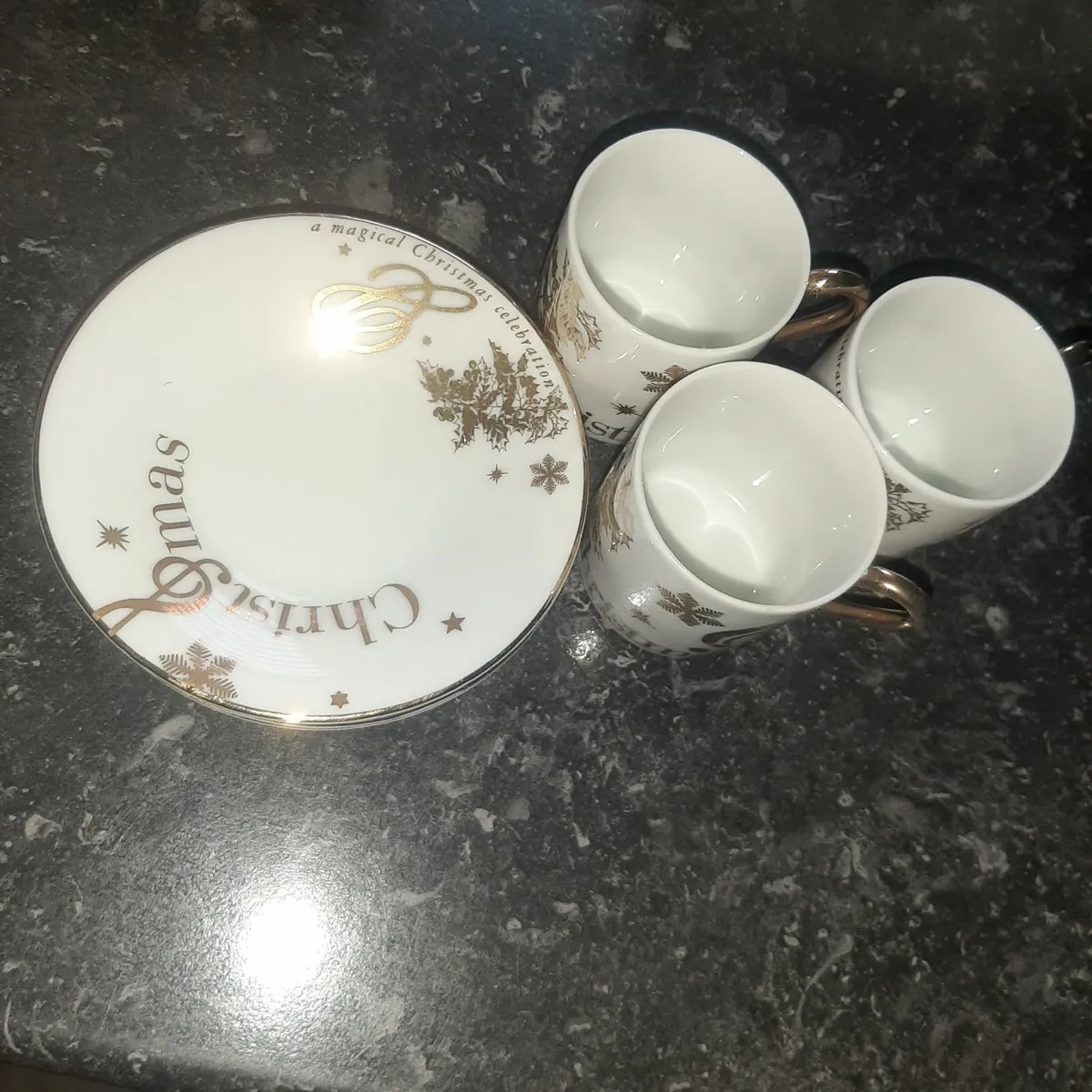3 Gold rimmed espresso cups and saucers Christmas - Image 4
