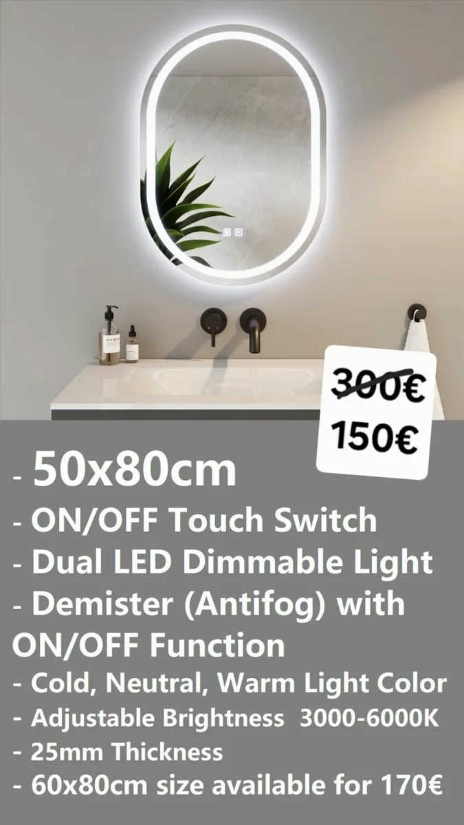 LED Bathroom Mirror 50x80cm Antifog Demister