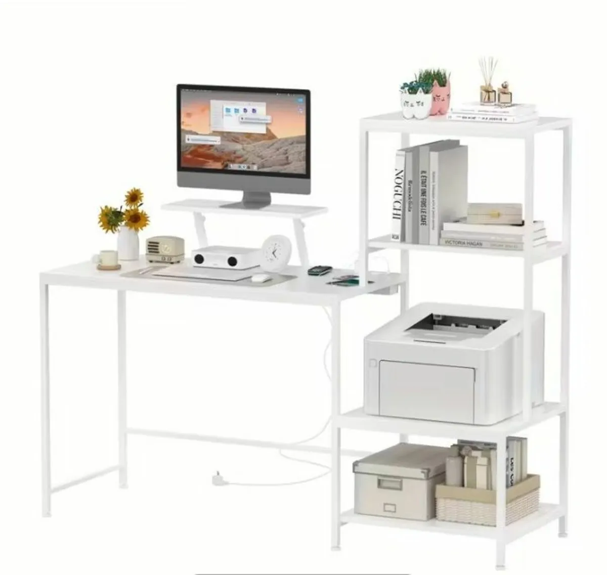 White Computer Desk with 3-Tier Storage Shelves - Image 1