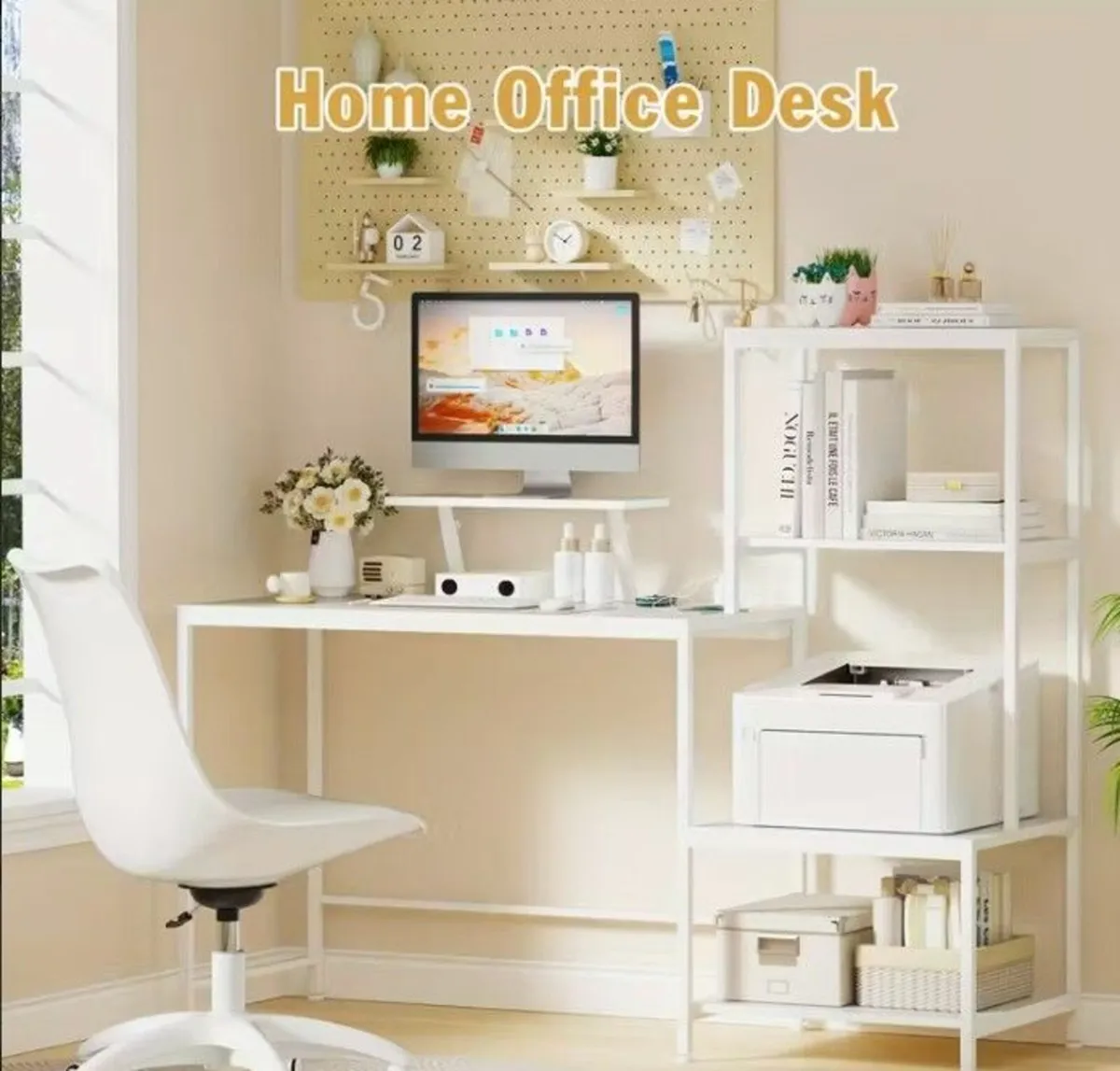 White Computer Desk with 3-Tier Storage Shelves - Image 2